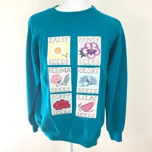 Vintage Flower Applique Teal Pullover Size Large